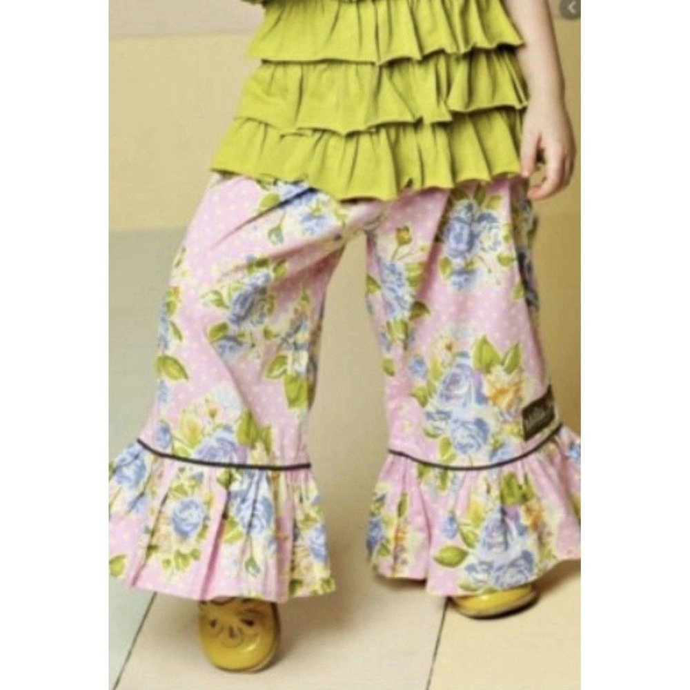 Matilda Jane Girls pants Pink Yellow Maple Sugar Big Ruffles Good Hart Pants 6